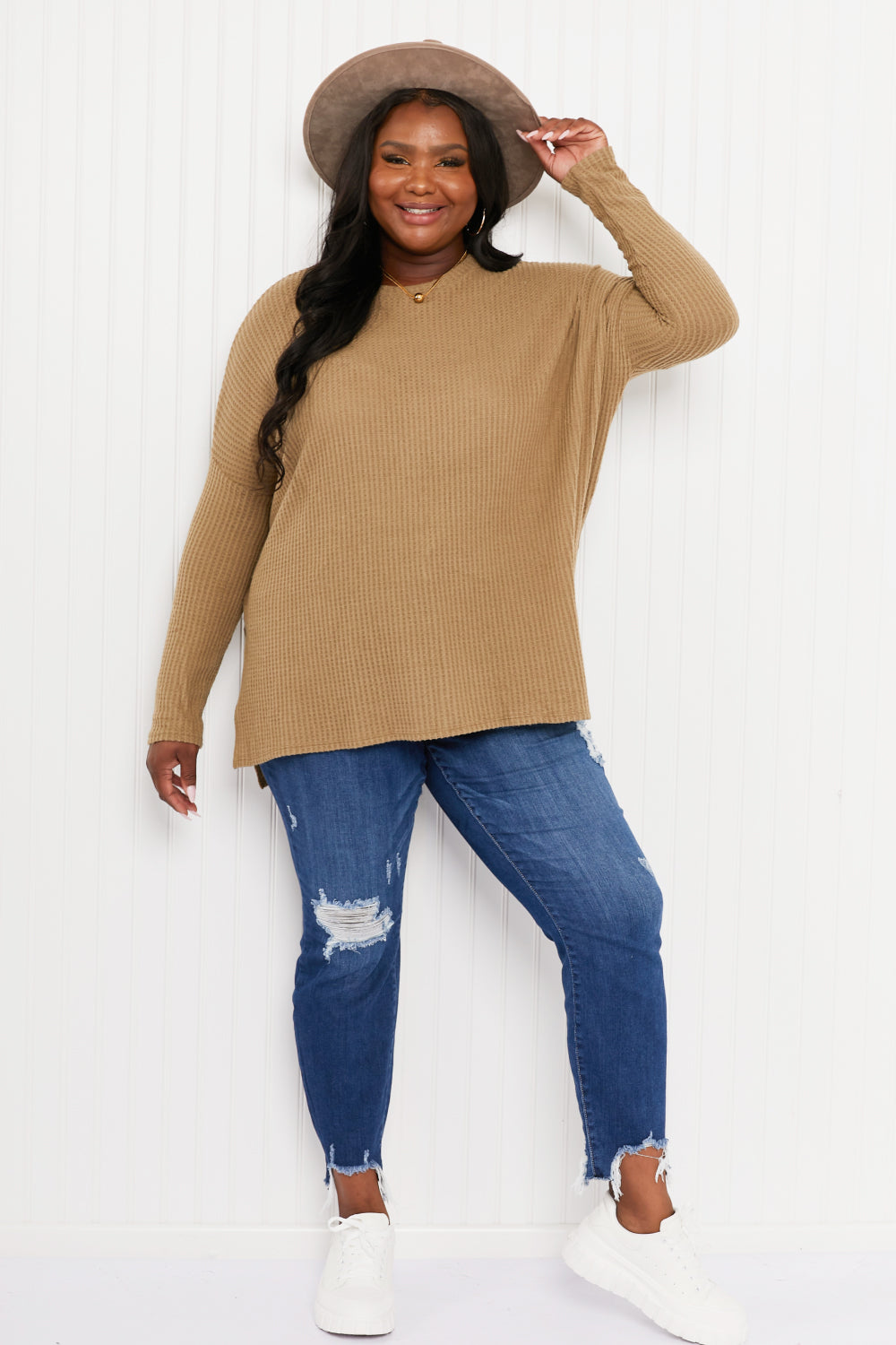 Zenana Cottage Escape Full Size Slit Waffle Knit Sweater
