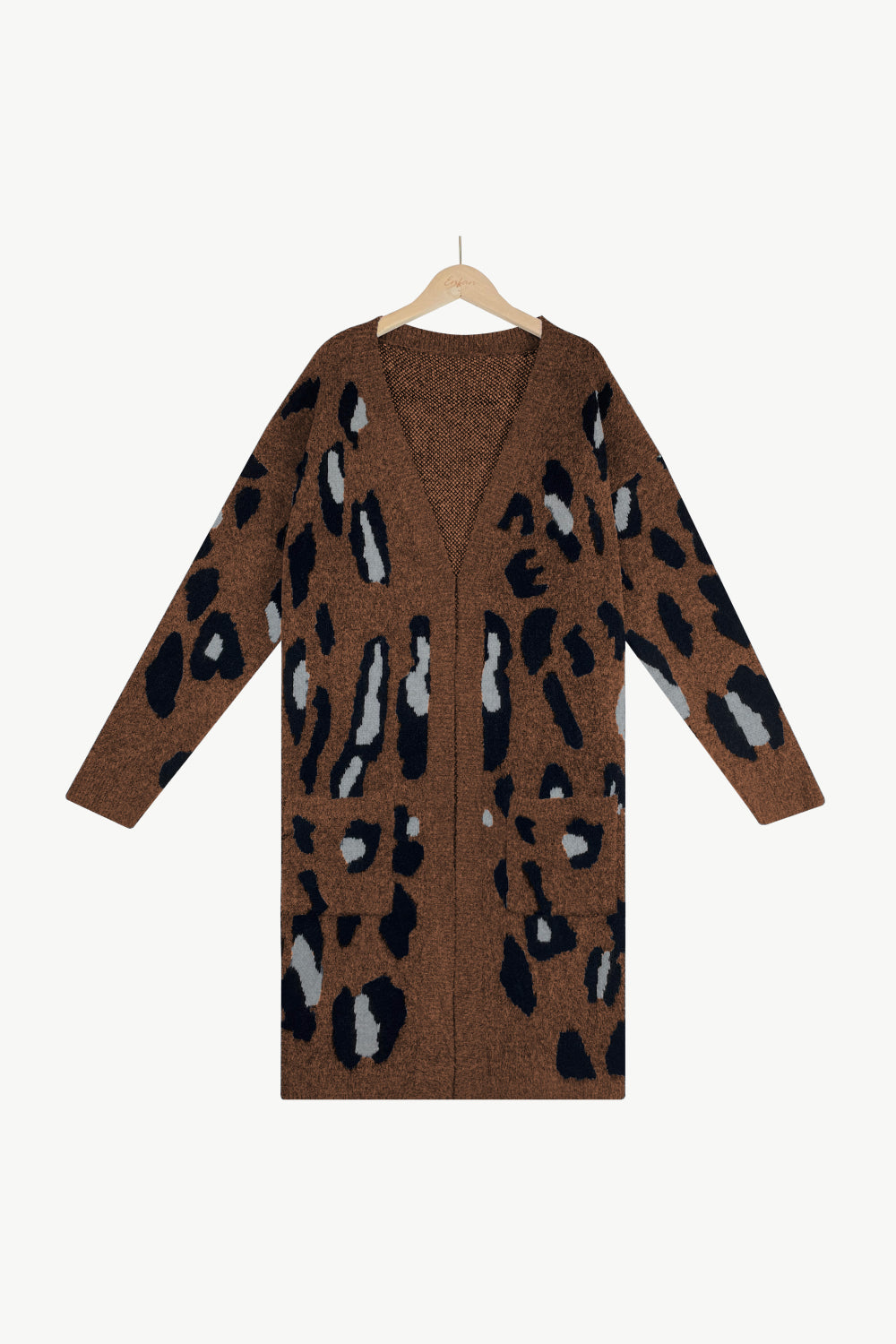 Animal Print Open Front Ribbed Trim Duster Cardigan with Pockets