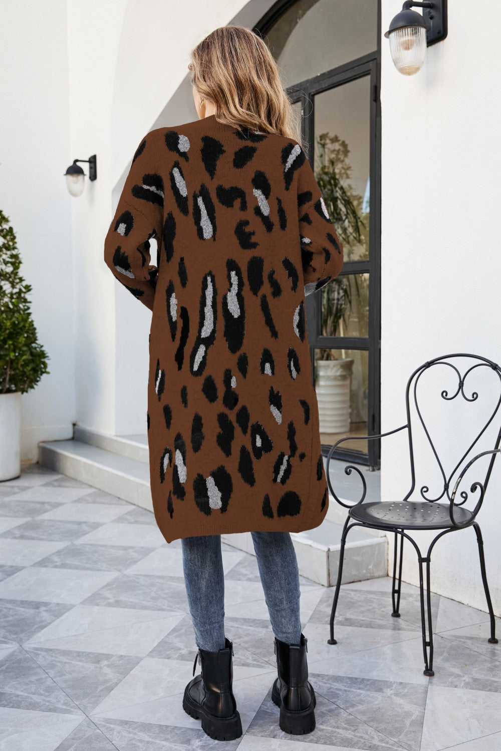 Animal Print Open Front Ribbed Trim Duster Cardigan with Pockets