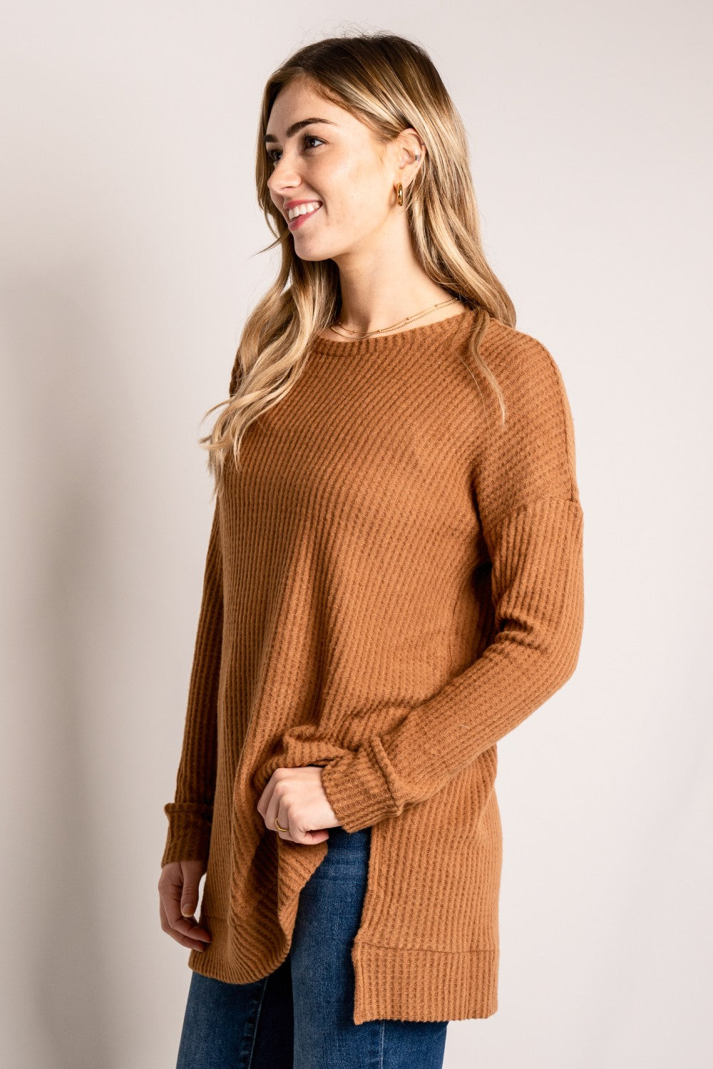 Zenana Full Size Round Neck Waffle-Knit Slit Tunic Sweater