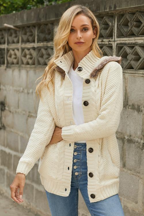 Faux Fur Trim Hooded Cardigan