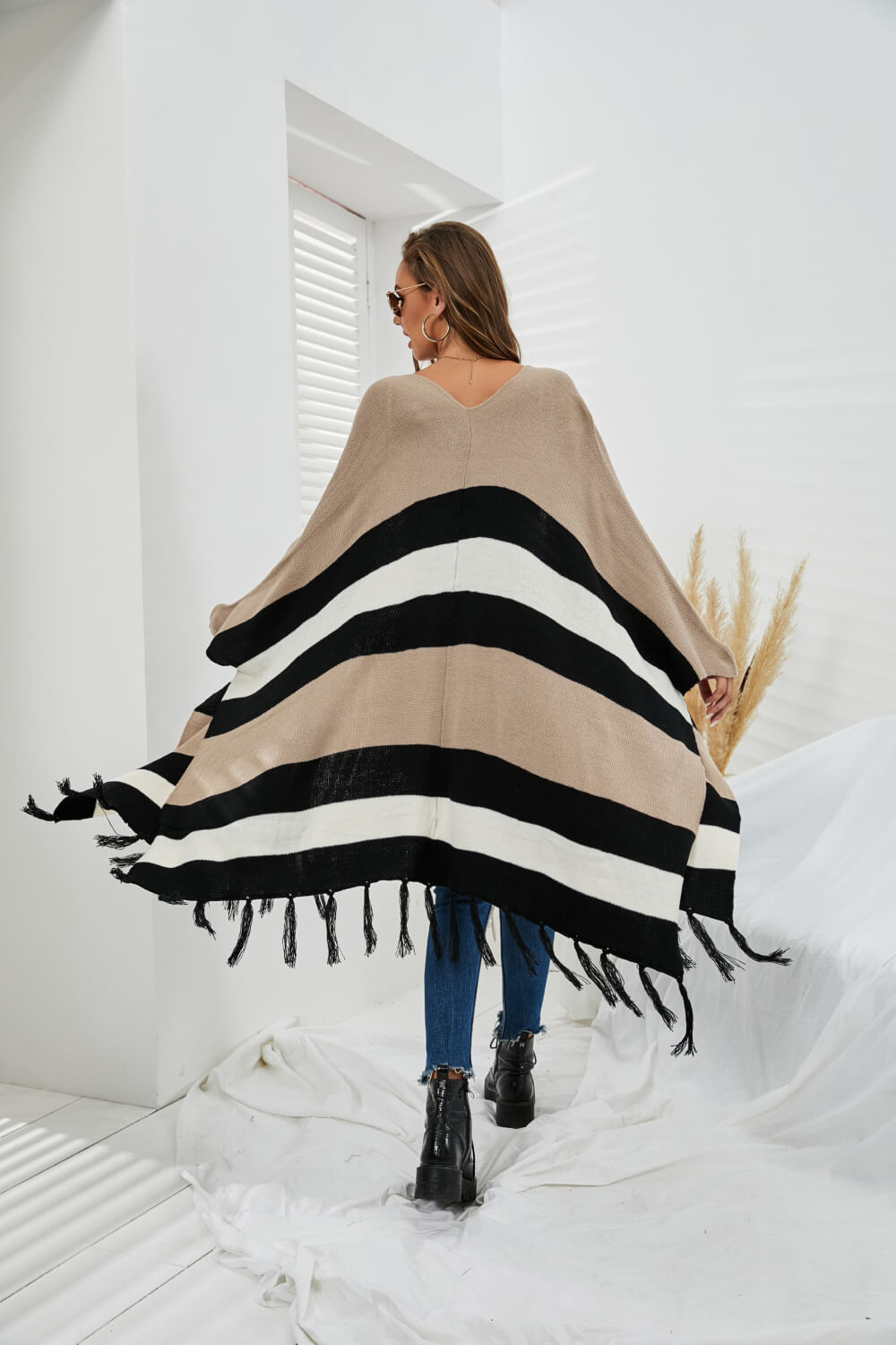 Striped Fringe Hem Open Front Longline Cardigan