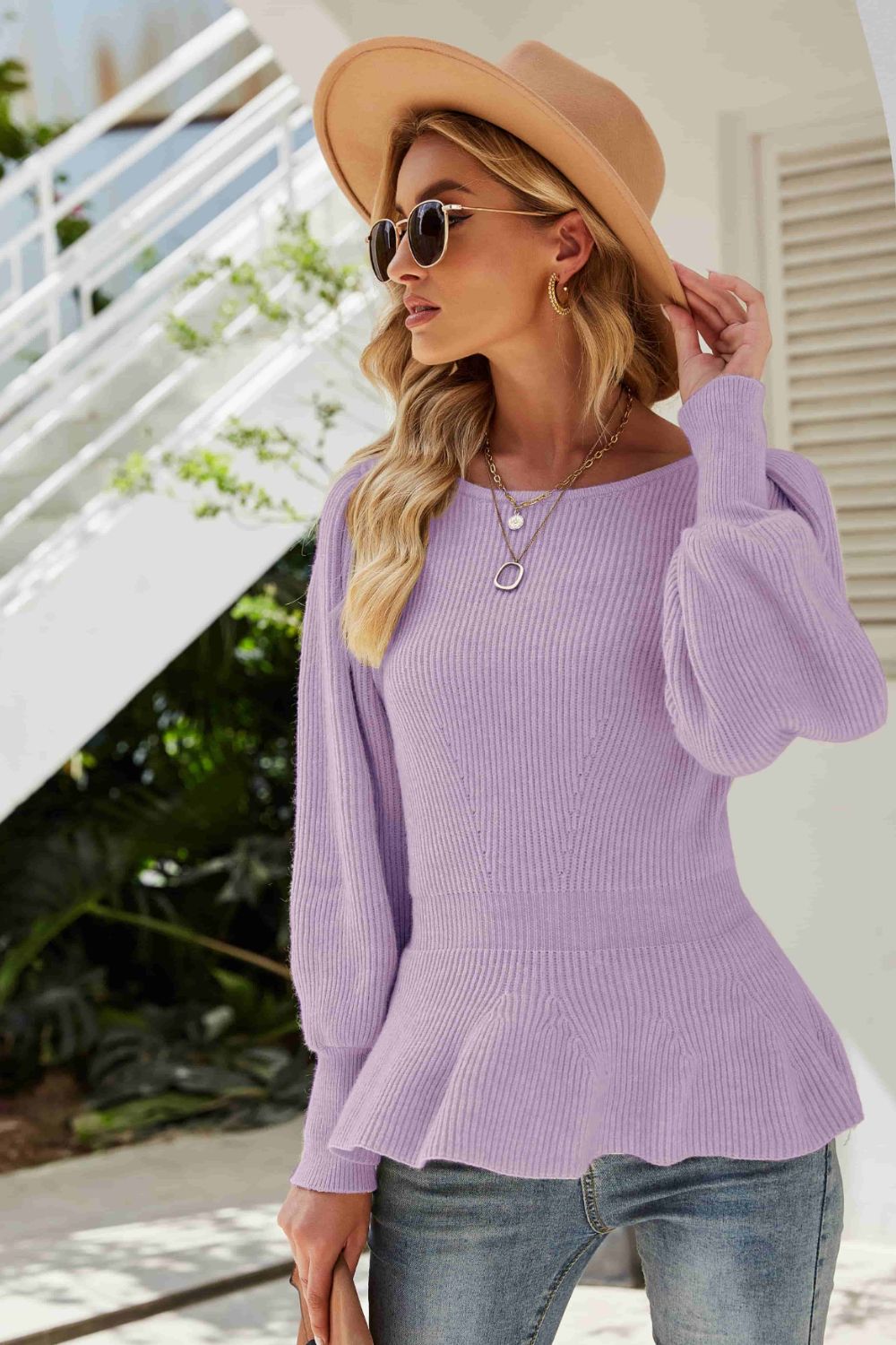 Rib-Knit Lantern Sleeve Peplum Sweater