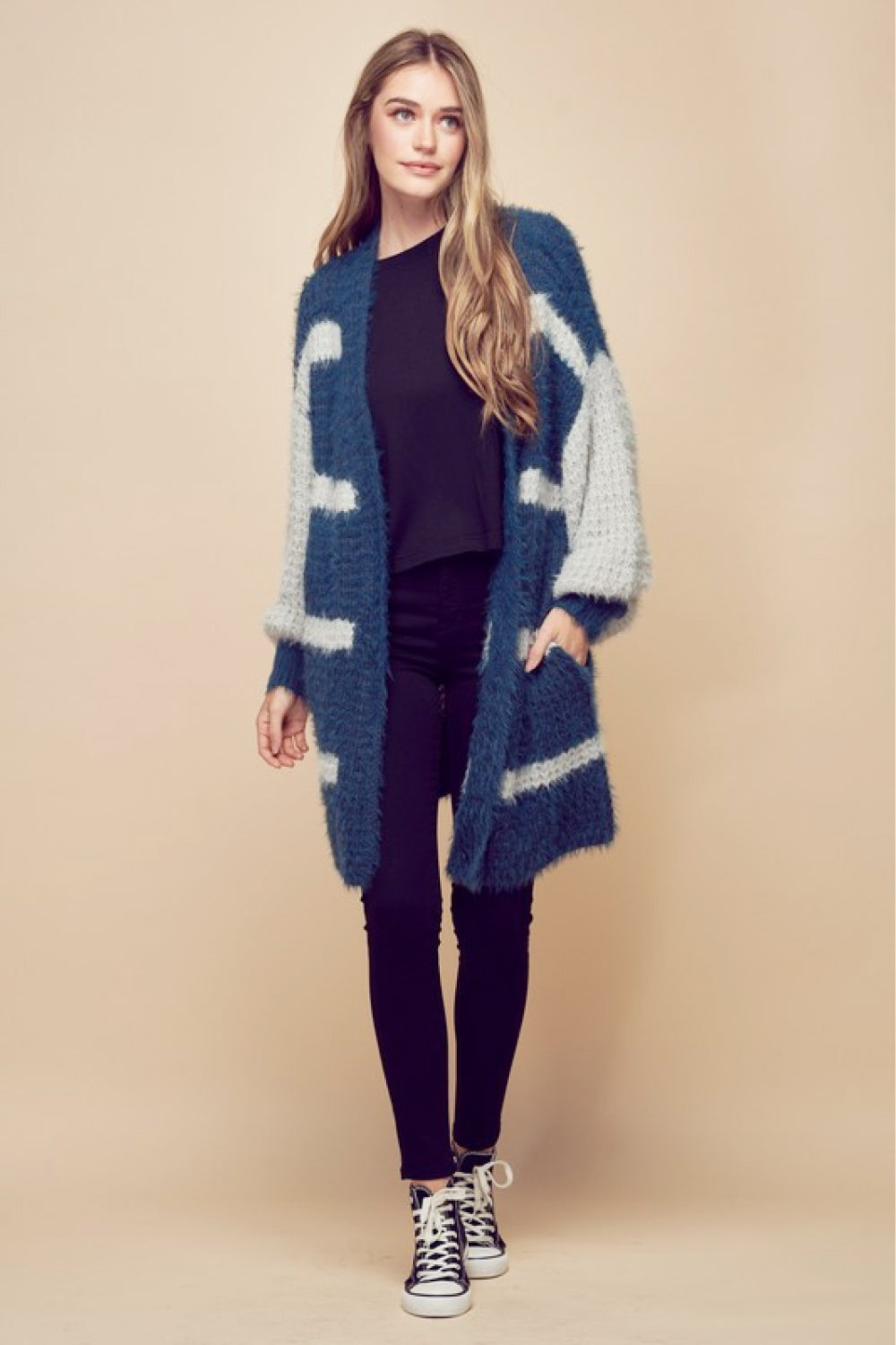 Petal Dew Striped Balloon Sleeve Open Front Fluffy Cardigan