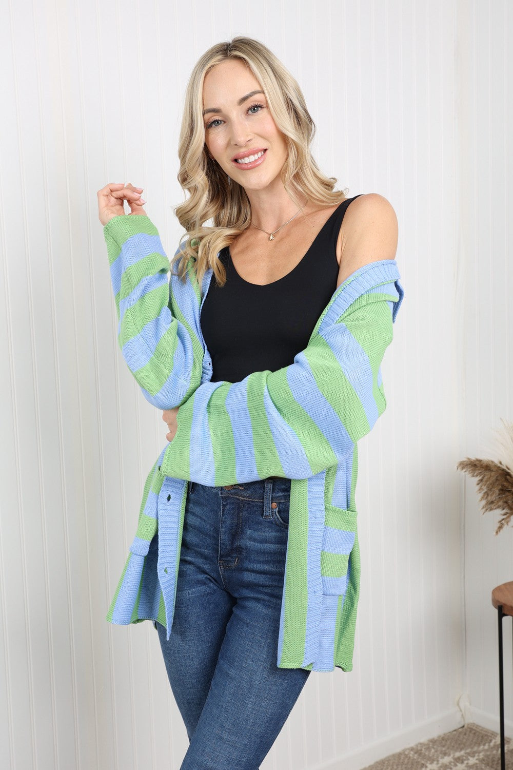 Petal Dew Striped Button-Up Pocket Cardigan