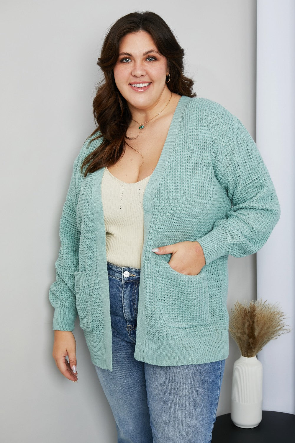 Zenana Full Size Waffle-Knit Open Front Cardigan with Pockets