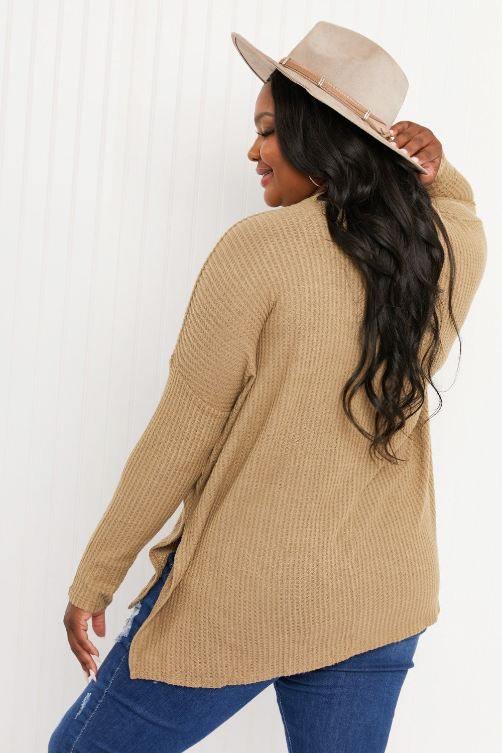 Zenana Cottage Escape Full Size Slit Waffle Knit Sweater