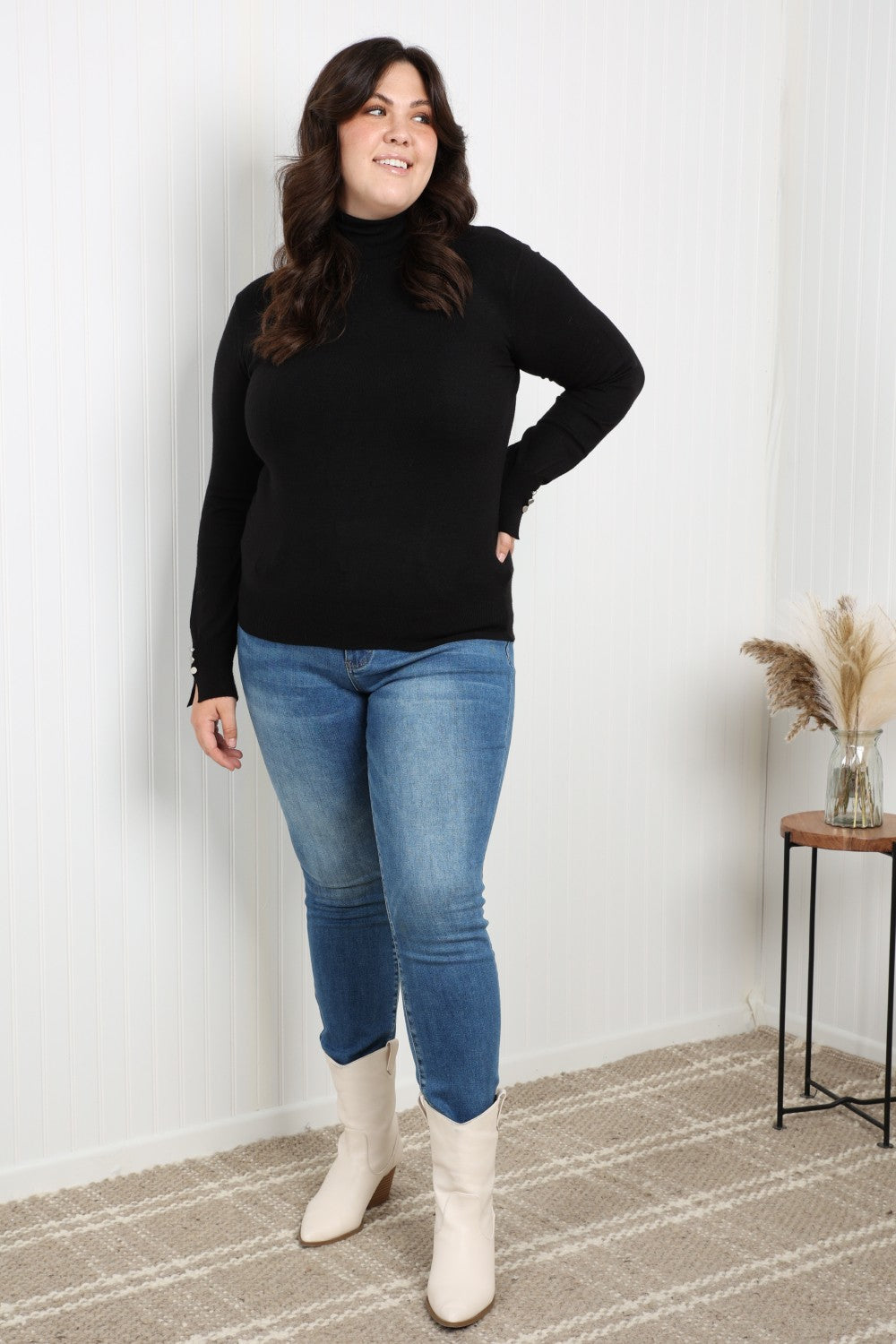 Heimish Full Size Cuff Detail Turtleneck Sweater