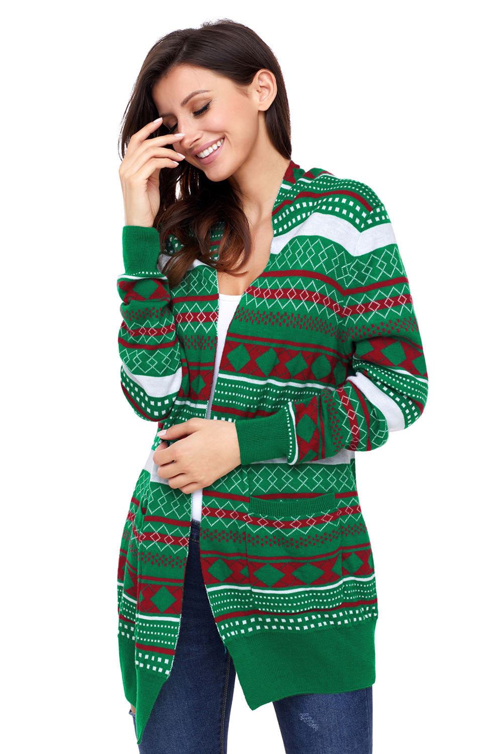 Geometric Print Open Front Longline Cardigan with Pockets