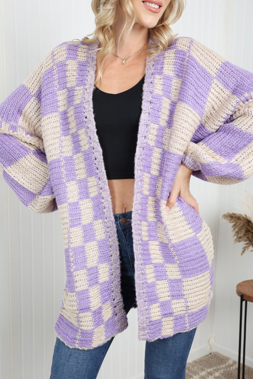 Petal Dew Checkered Open Front Longline Cardigan