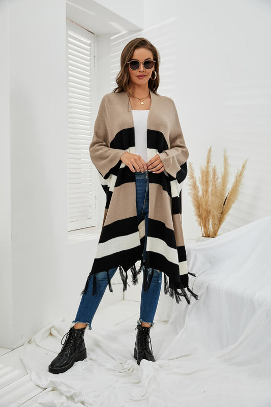 Striped Fringe Hem Open Front Longline Cardigan