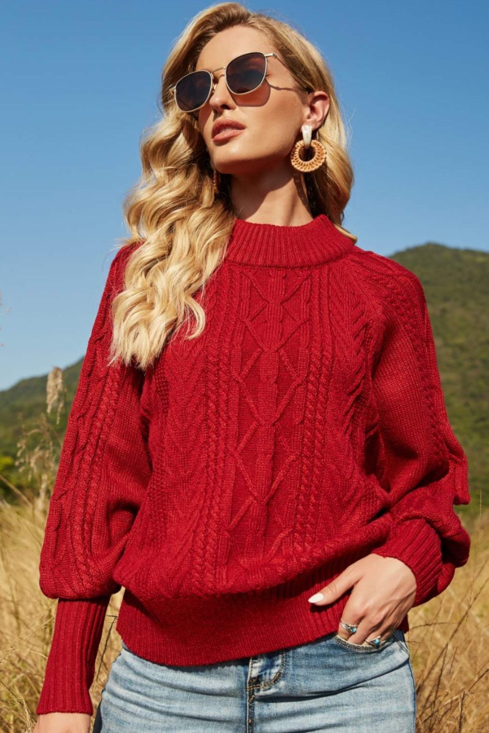 Lantern Sleeve Ribbed Trim Crewneck Sweater