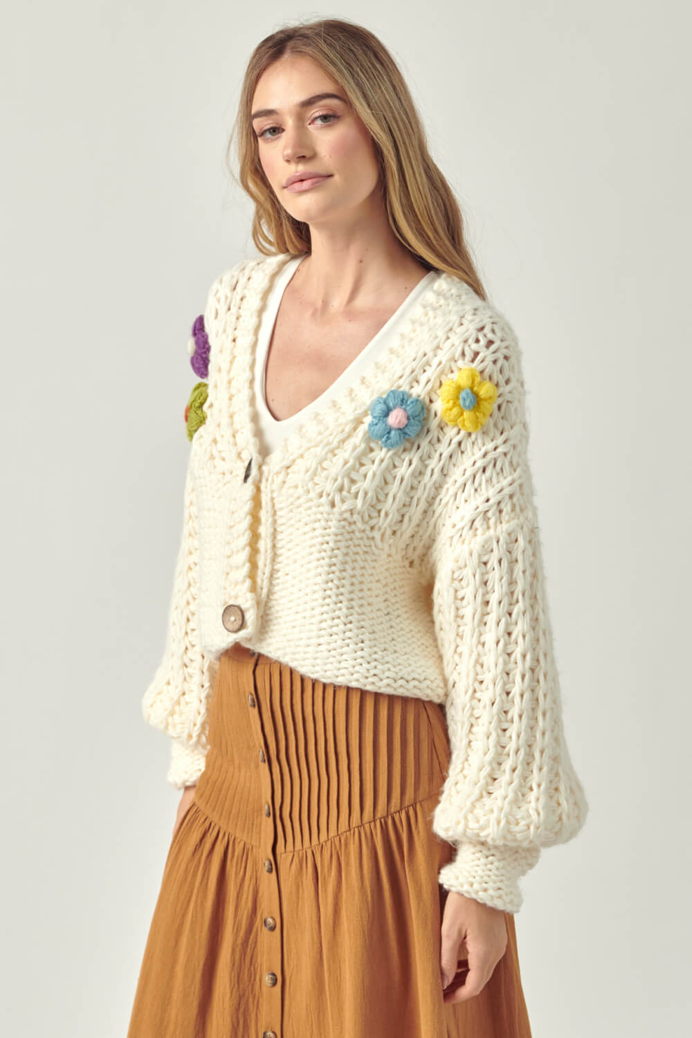 Petal Dew Flower Detail Button Front V-Neck Cardigan