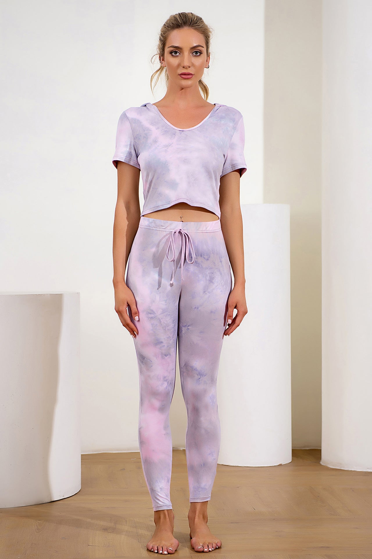 Tie-Dye Cropped Hoodie and Drawstring Leggings Yoga Set