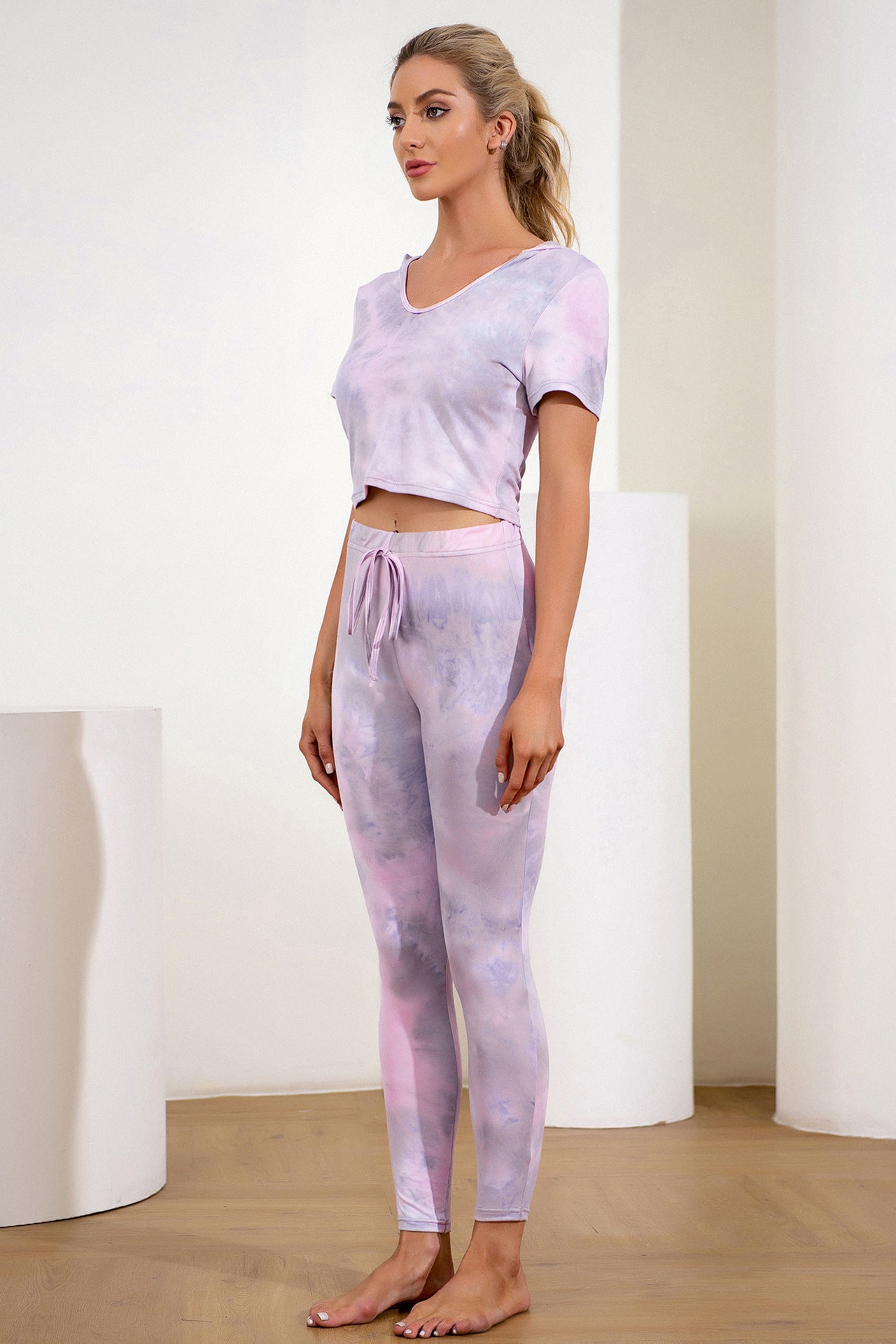 Tie-Dye Cropped Hoodie and Drawstring Leggings Yoga Set