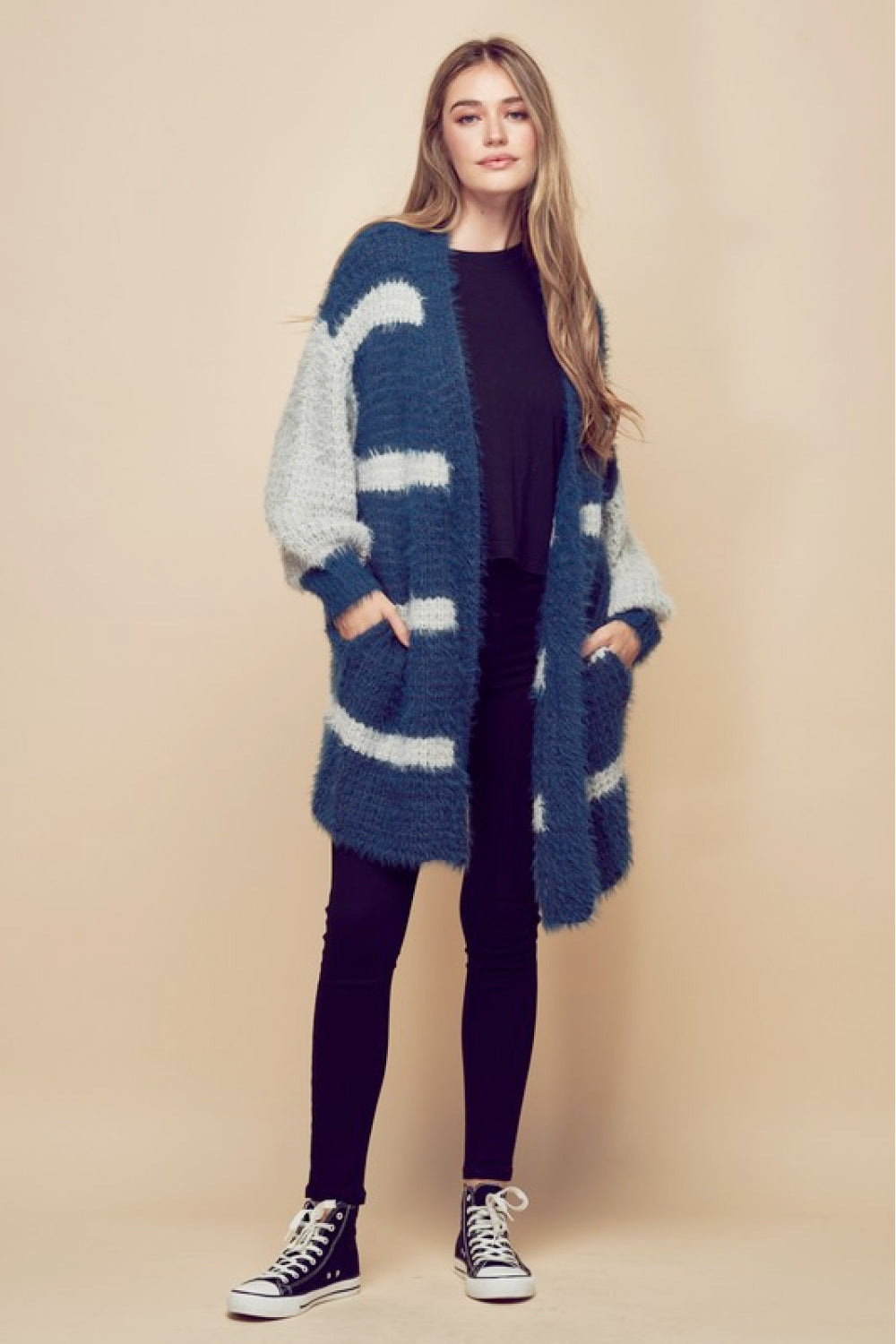 Petal Dew Striped Balloon Sleeve Open Front Fluffy Cardigan