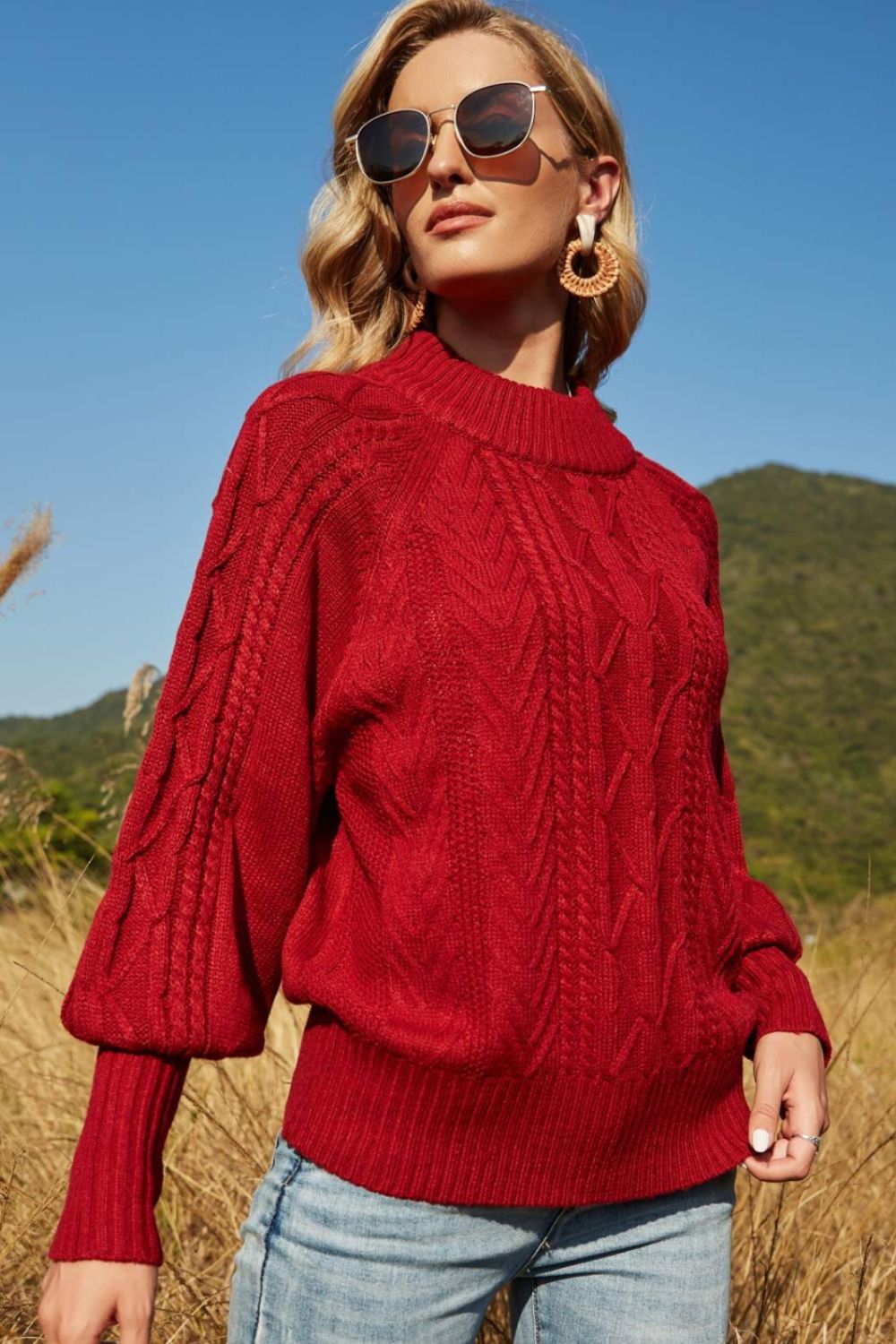 Lantern Sleeve Ribbed Trim Crewneck Sweater