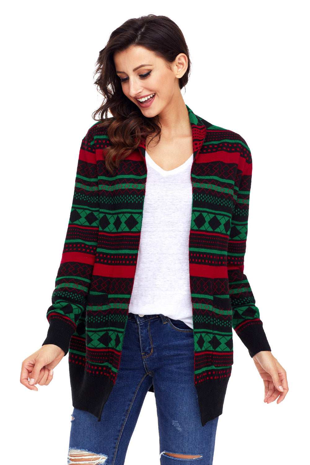 Geometric Print Open Front Longline Cardigan with Pockets