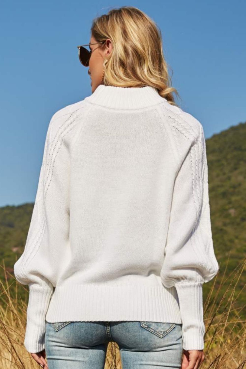 Lantern Sleeve Ribbed Trim Crewneck Sweater