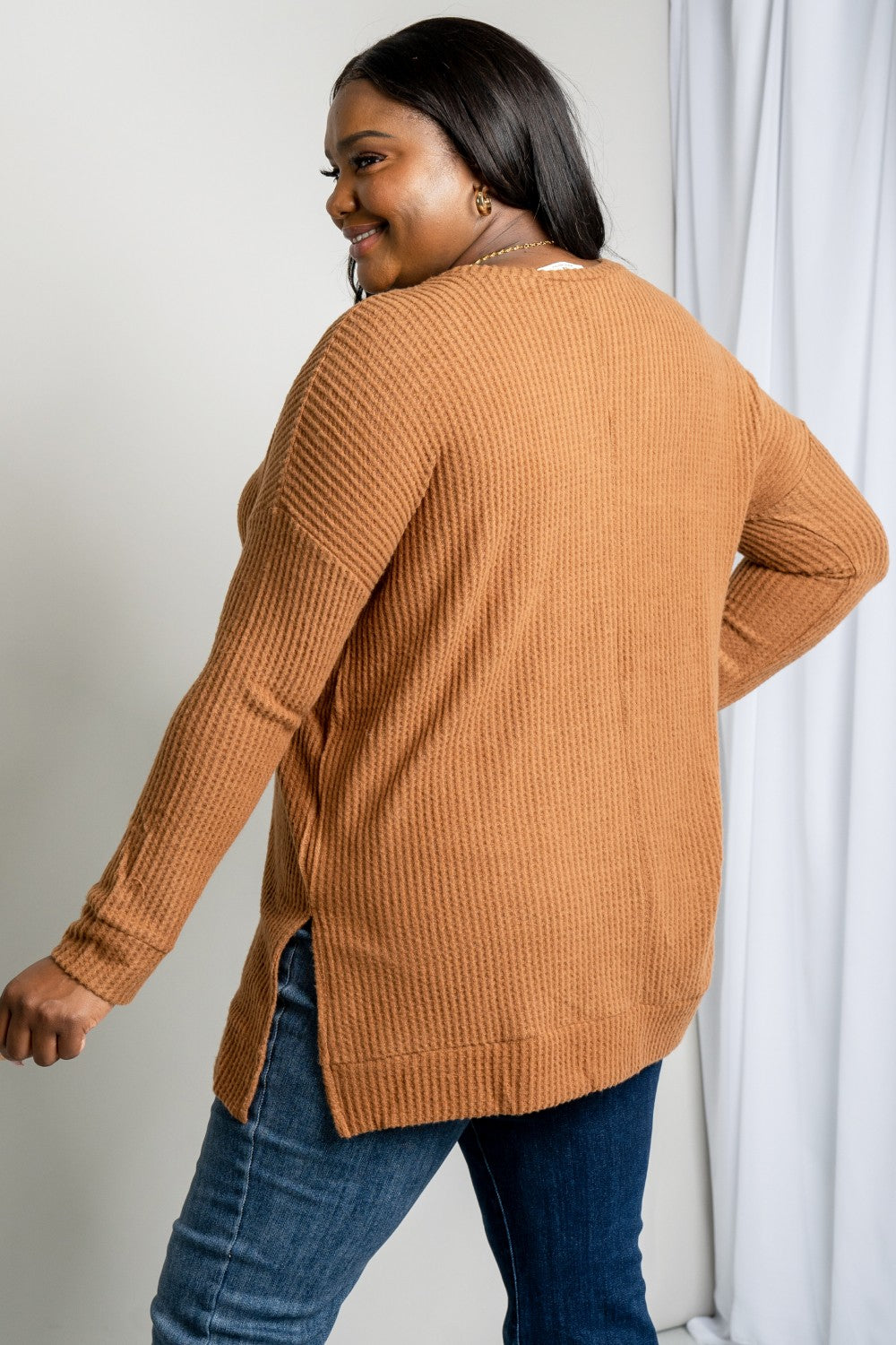 Zenana Full Size Round Neck Waffle-Knit Slit Tunic Sweater