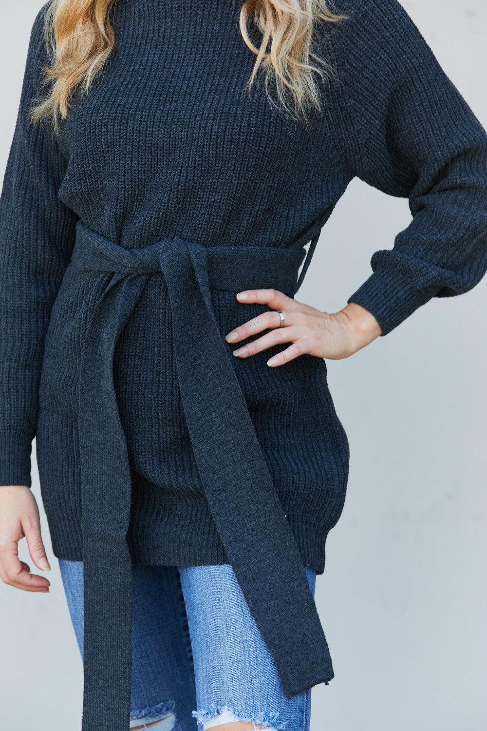 Zenana Turtleneck Raglan Sleeve Belted Tunic Sweater