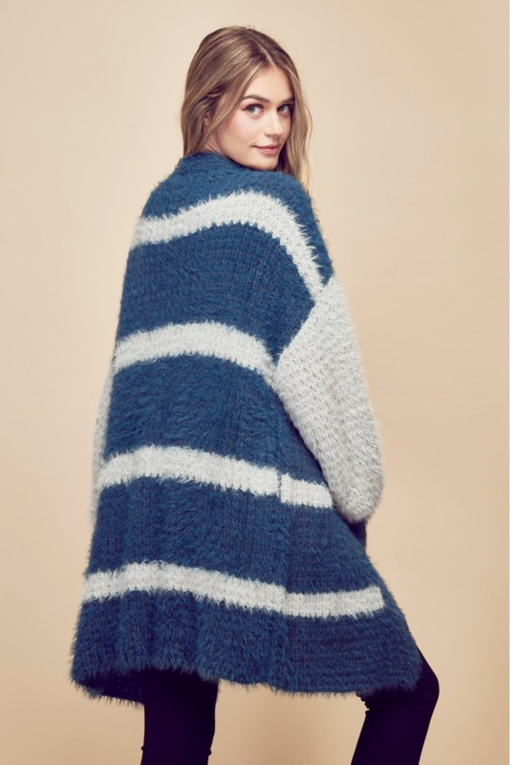 Petal Dew Striped Balloon Sleeve Open Front Fluffy Cardigan