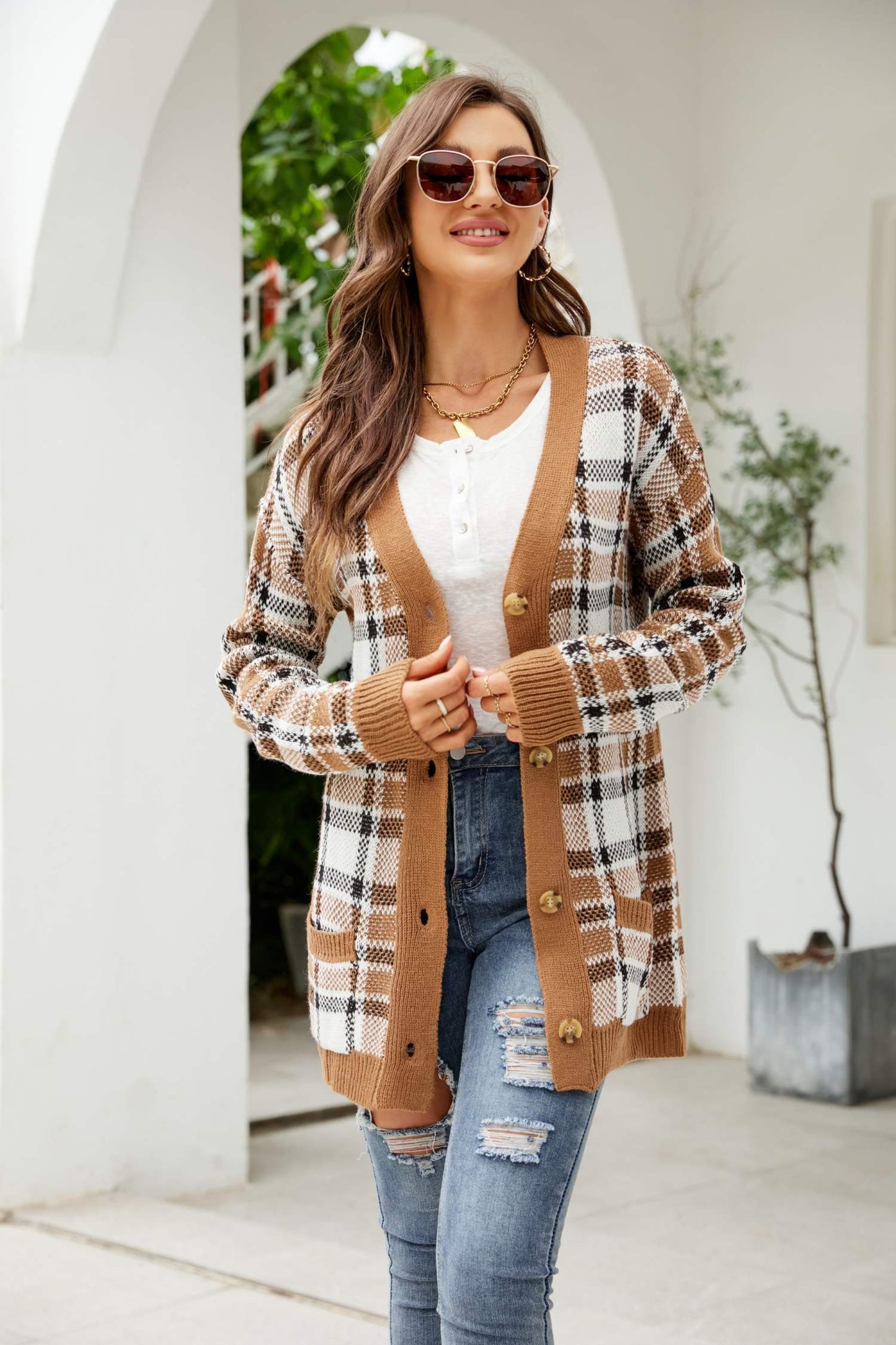 Printed Dropped Shoulder Ribbed Trim Cardigan