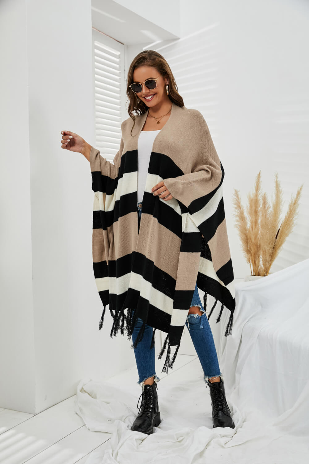 Striped Fringe Hem Open Front Longline Cardigan