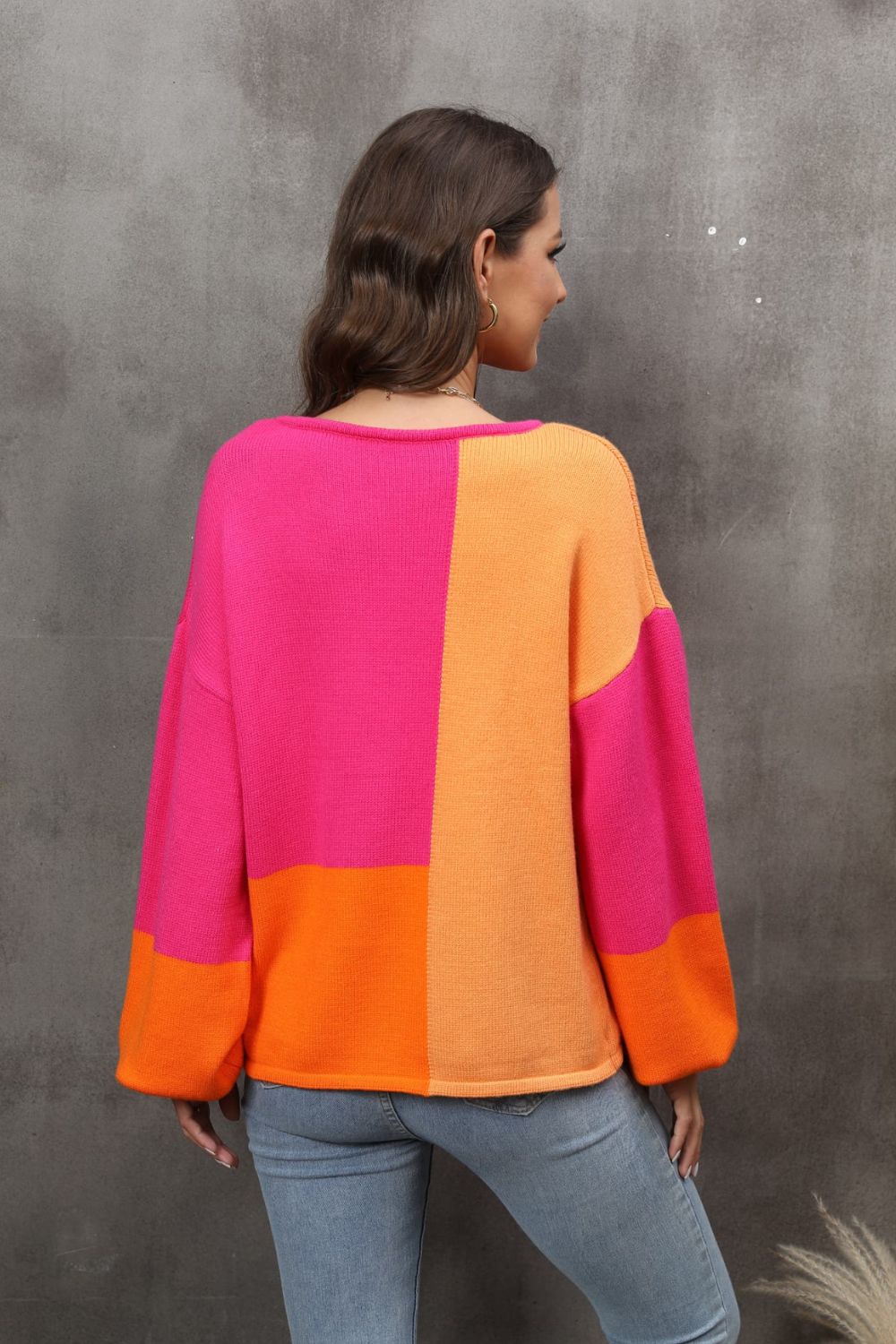 Color Block Round Neck Drop Shoulder Sweater