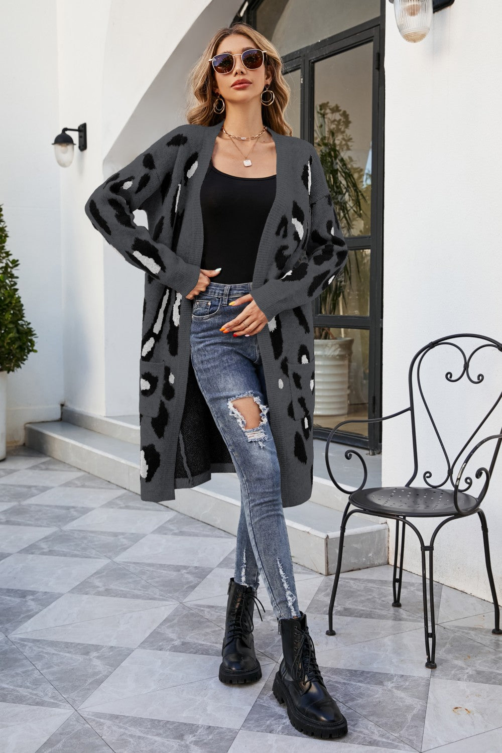 Animal Print Open Front Ribbed Trim Duster Cardigan with Pockets