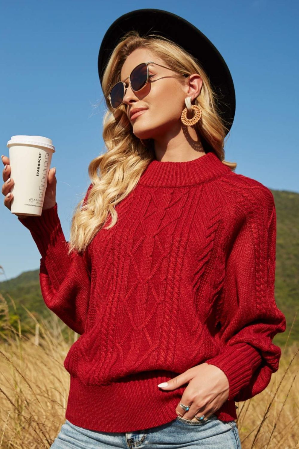 Lantern Sleeve Ribbed Trim Crewneck Sweater