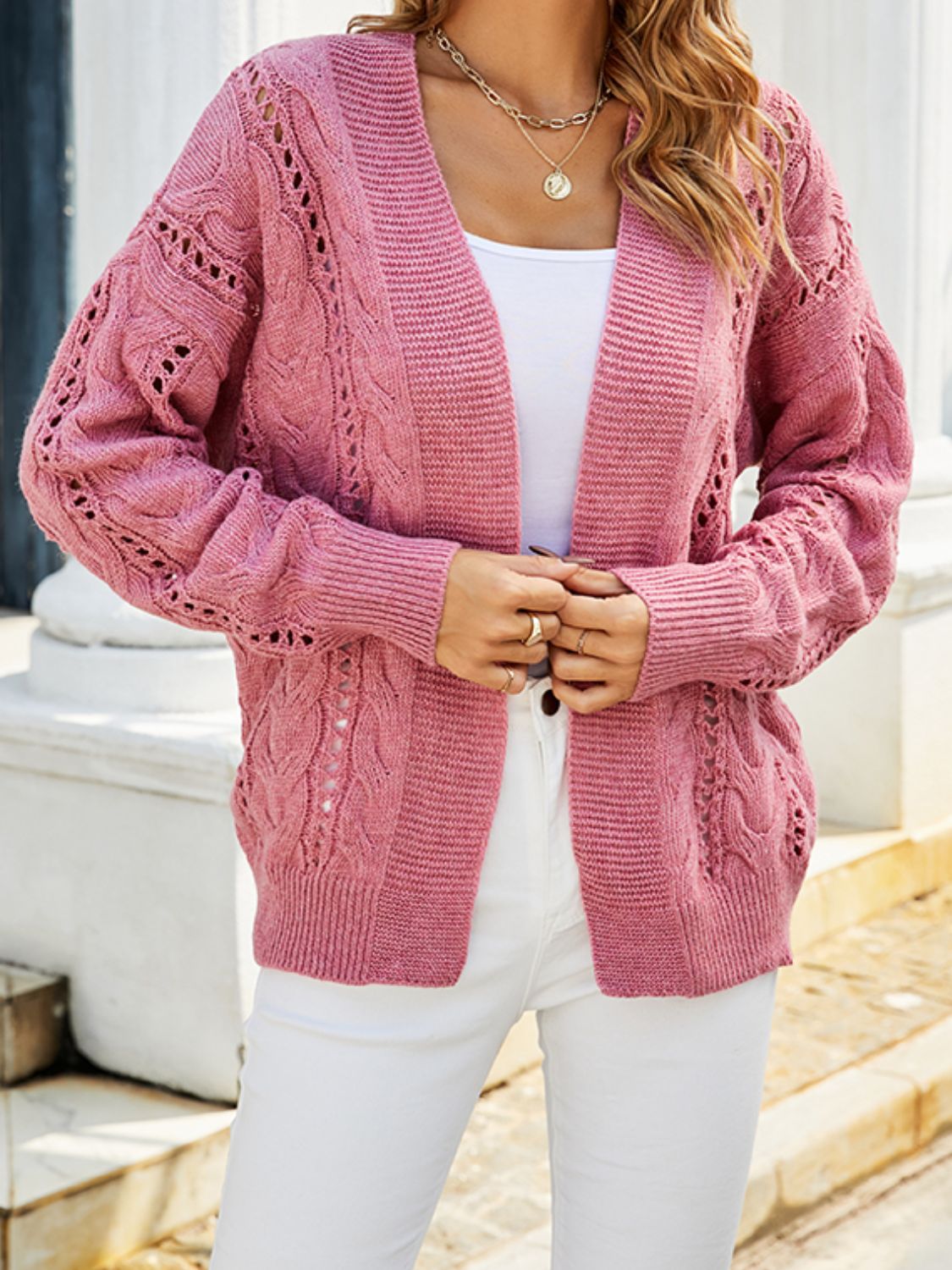 Openwork Cable-Knit Open Front Cardigan