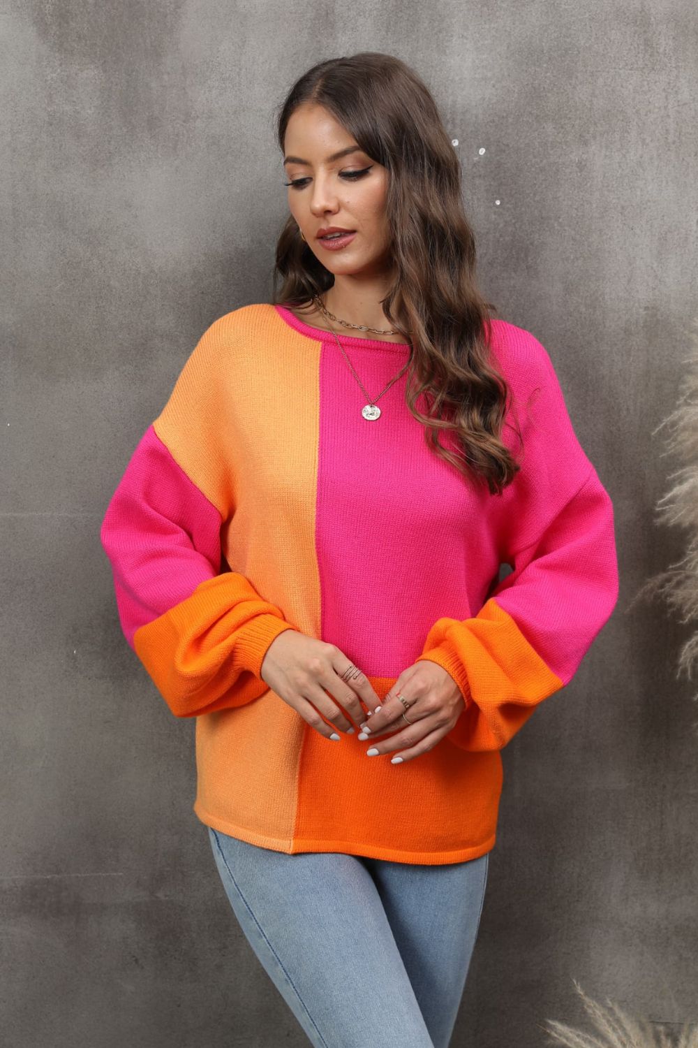 Color Block Round Neck Drop Shoulder Sweater