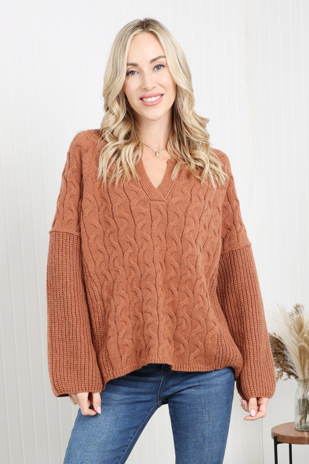 Petal Dew Cable-Knit Notched Sweater