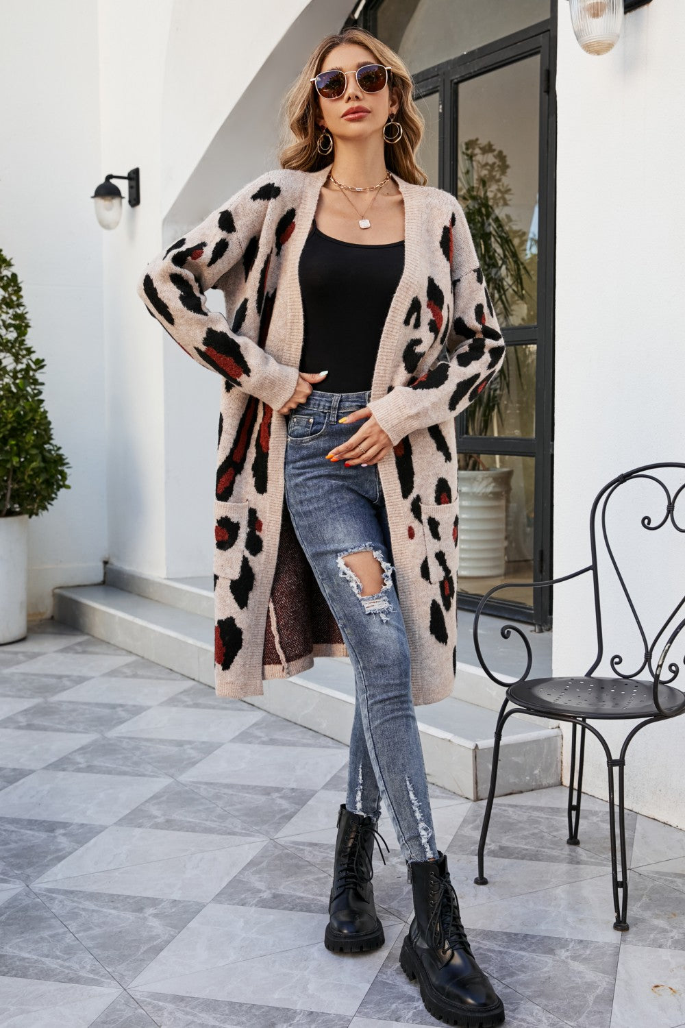 Animal Print Open Front Ribbed Trim Duster Cardigan with Pockets