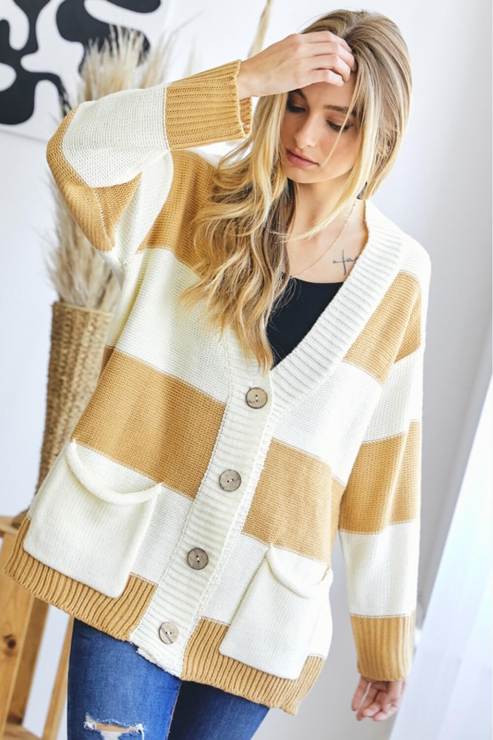 Davi & Dani Full Size Striped Button-Up Drop Shoulder Pocket Cardigan