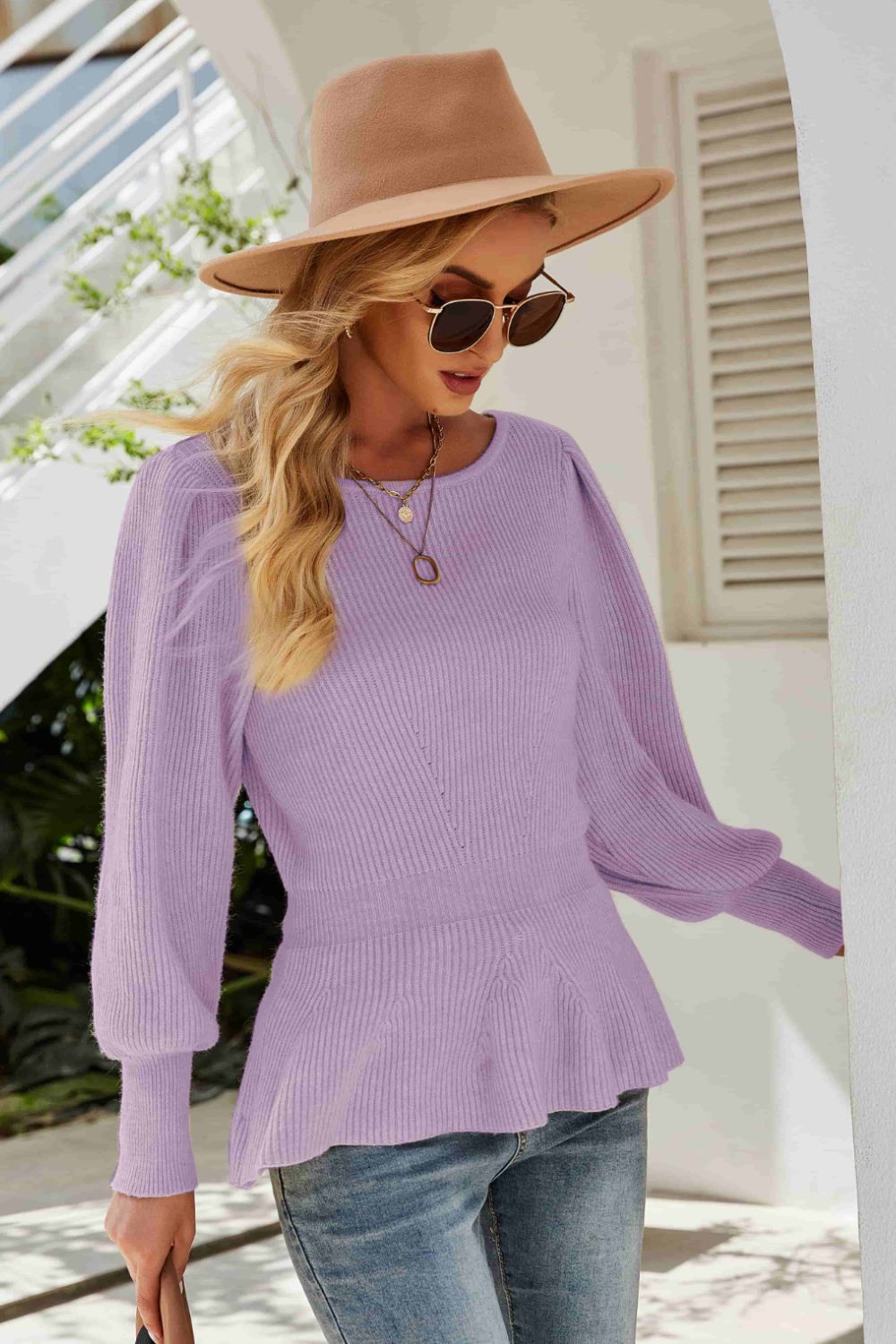 Rib-Knit Lantern Sleeve Peplum Sweater