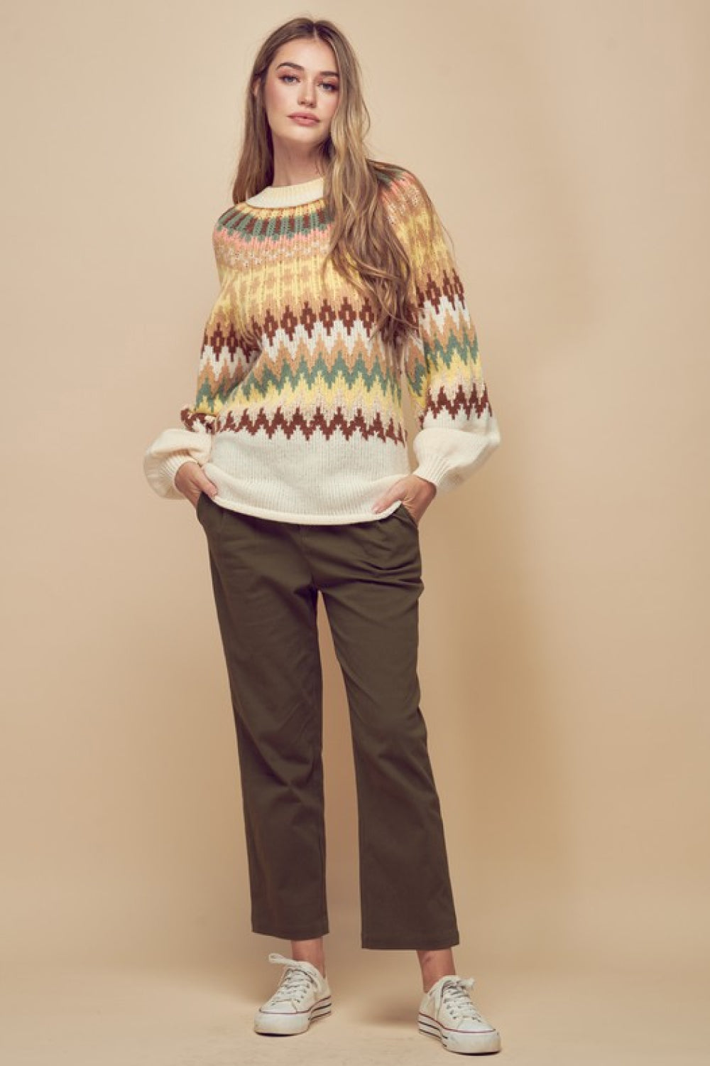 Petal Dew Multicolored Rolled Hem Balloon Sleeve Sweater