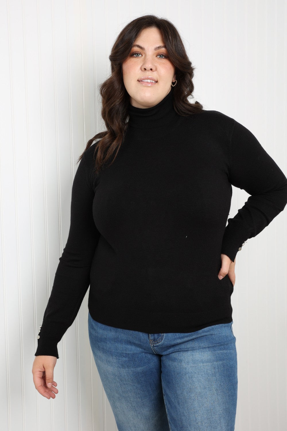 Heimish Full Size Cuff Detail Turtleneck Sweater
