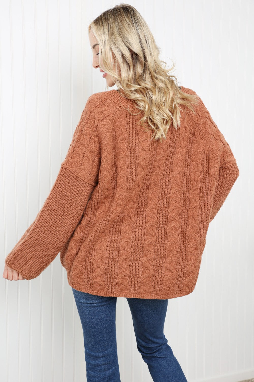 Petal Dew Cable-Knit Notched Sweater