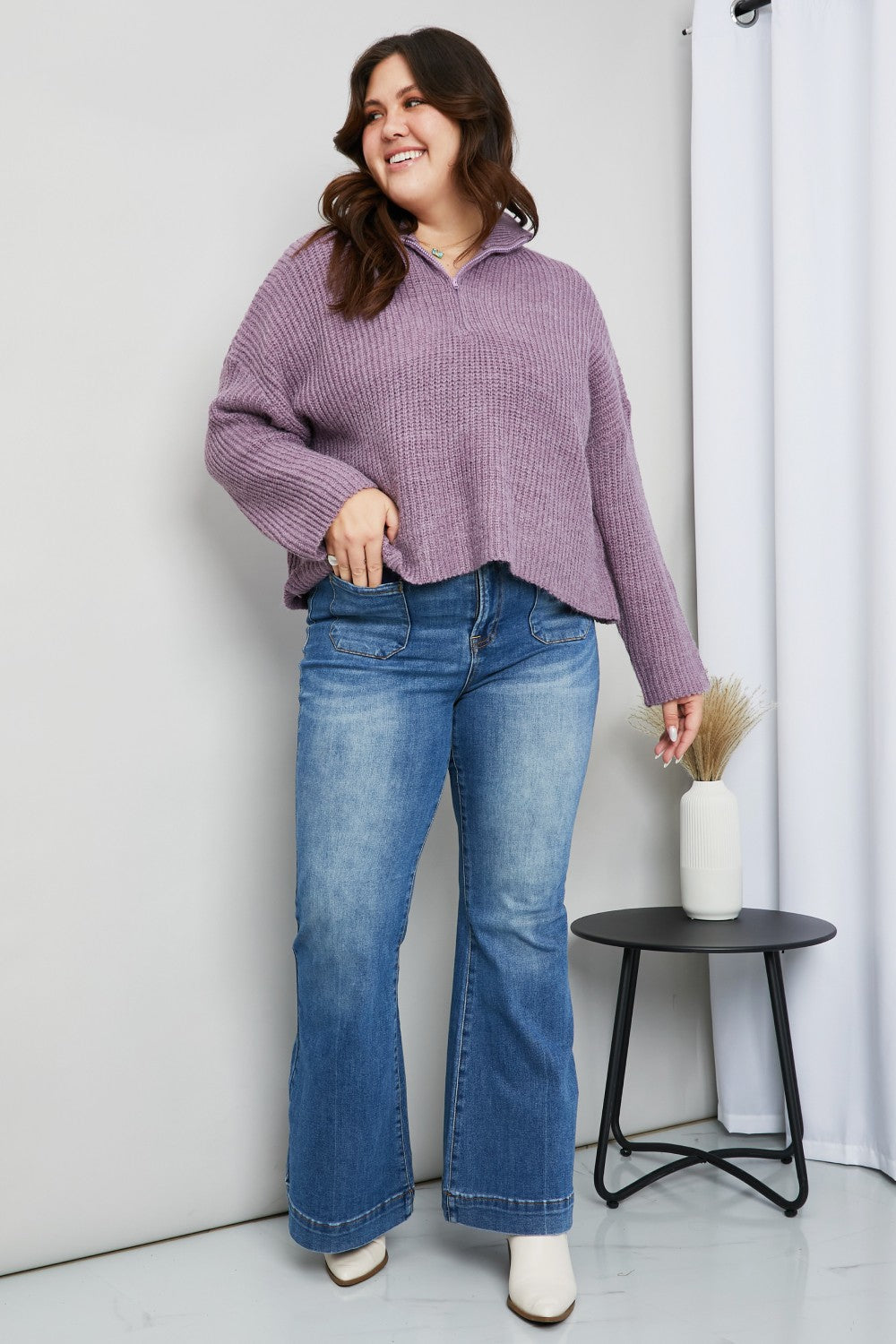 Sew In Love Full Size Quarter-Zip Collared Drop Shoulder Sweater