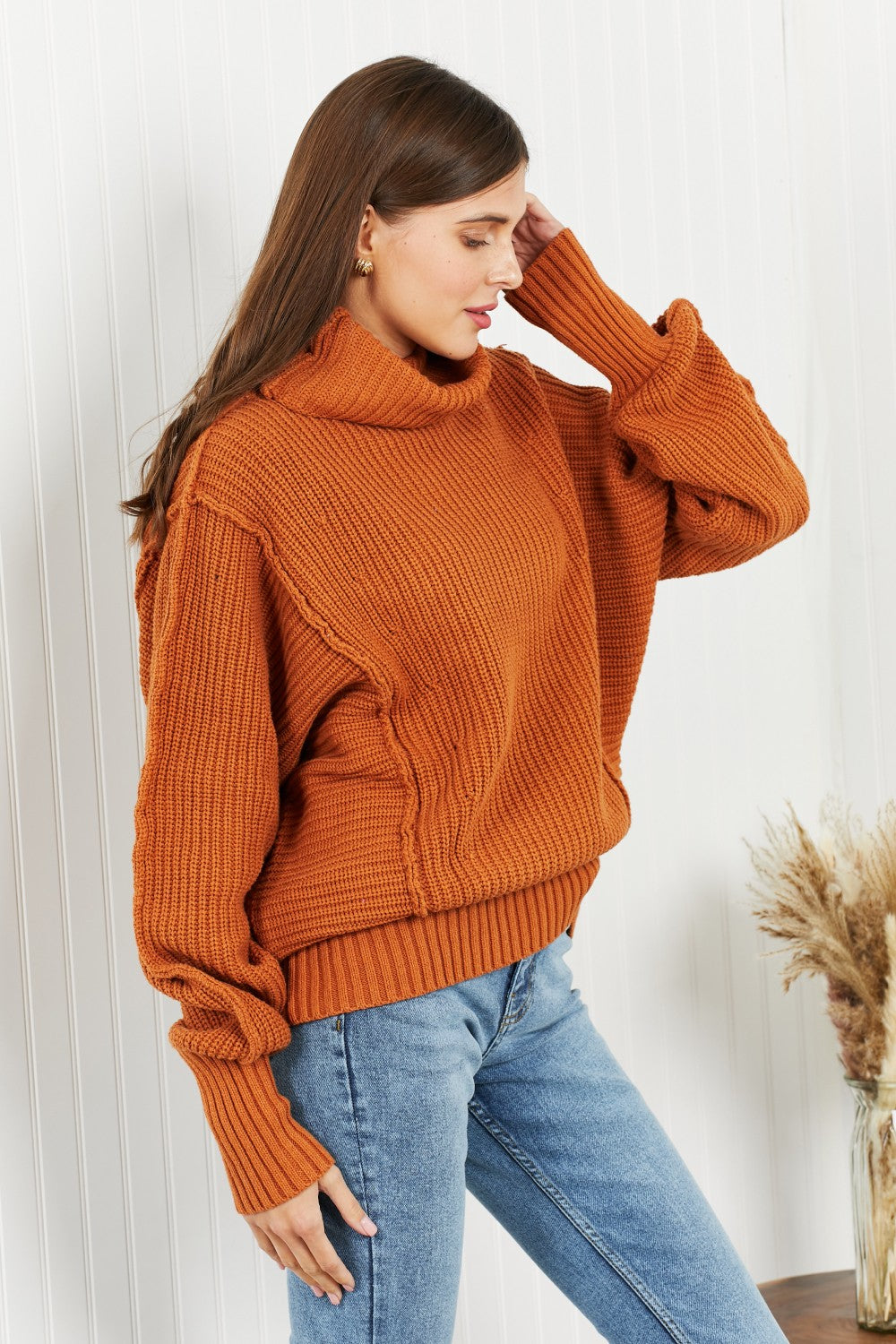 Zenana Exposed Seam Turtleneck Rib-Knit Sweater