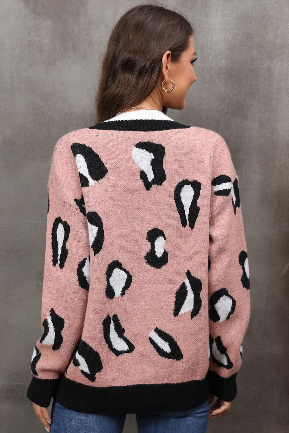 Leopard Ribbed Trim Drop Shoulder Cardigan