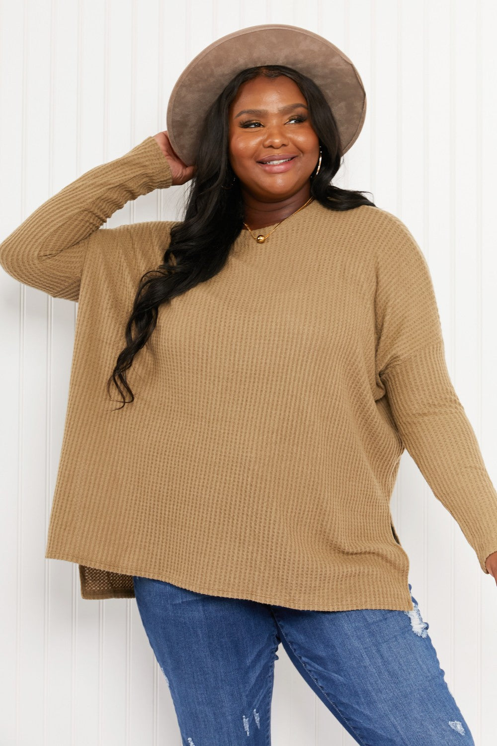 Zenana Cottage Escape Full Size Slit Waffle Knit Sweater
