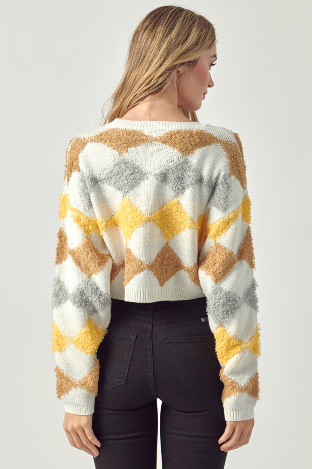 Petal Dew Argyle Round Neck Cropped Sweater