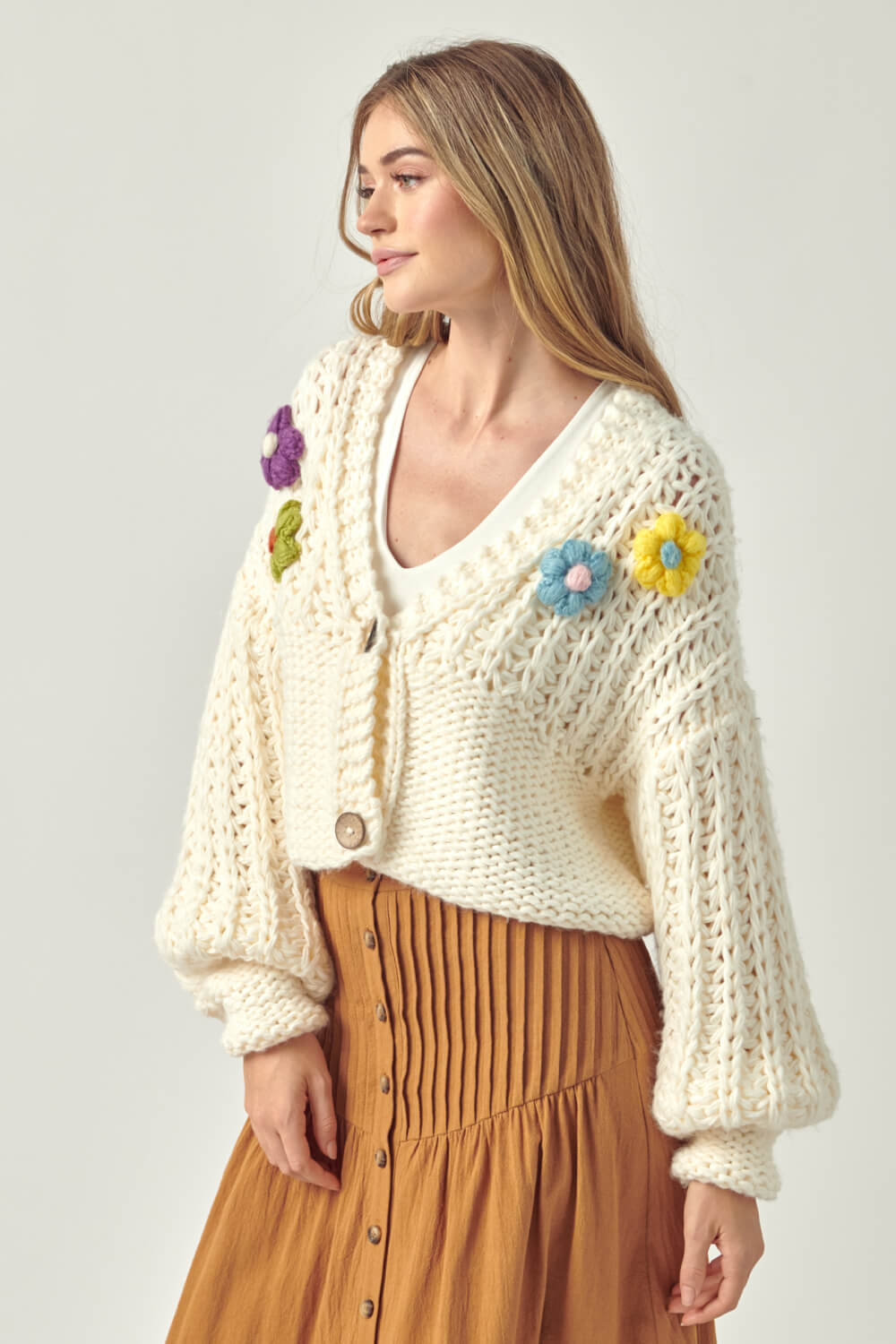Petal Dew Flower Detail Button Front V-Neck Cardigan
