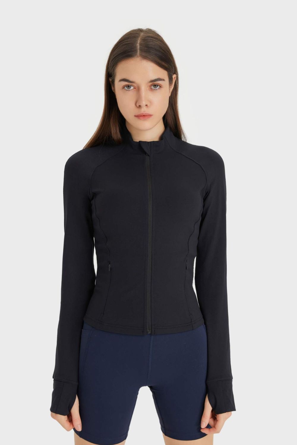 Zip Up Thumbhole Sleeve Sports Jacket with Pockets