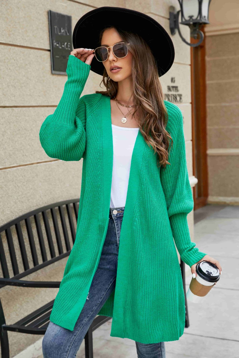 Lantern Sleeve Rib-Knit Open Front Longline Cardigan
