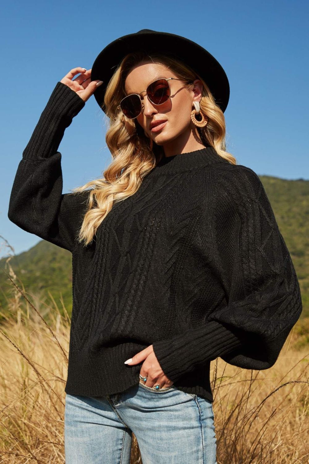 Lantern Sleeve Ribbed Trim Crewneck Sweater