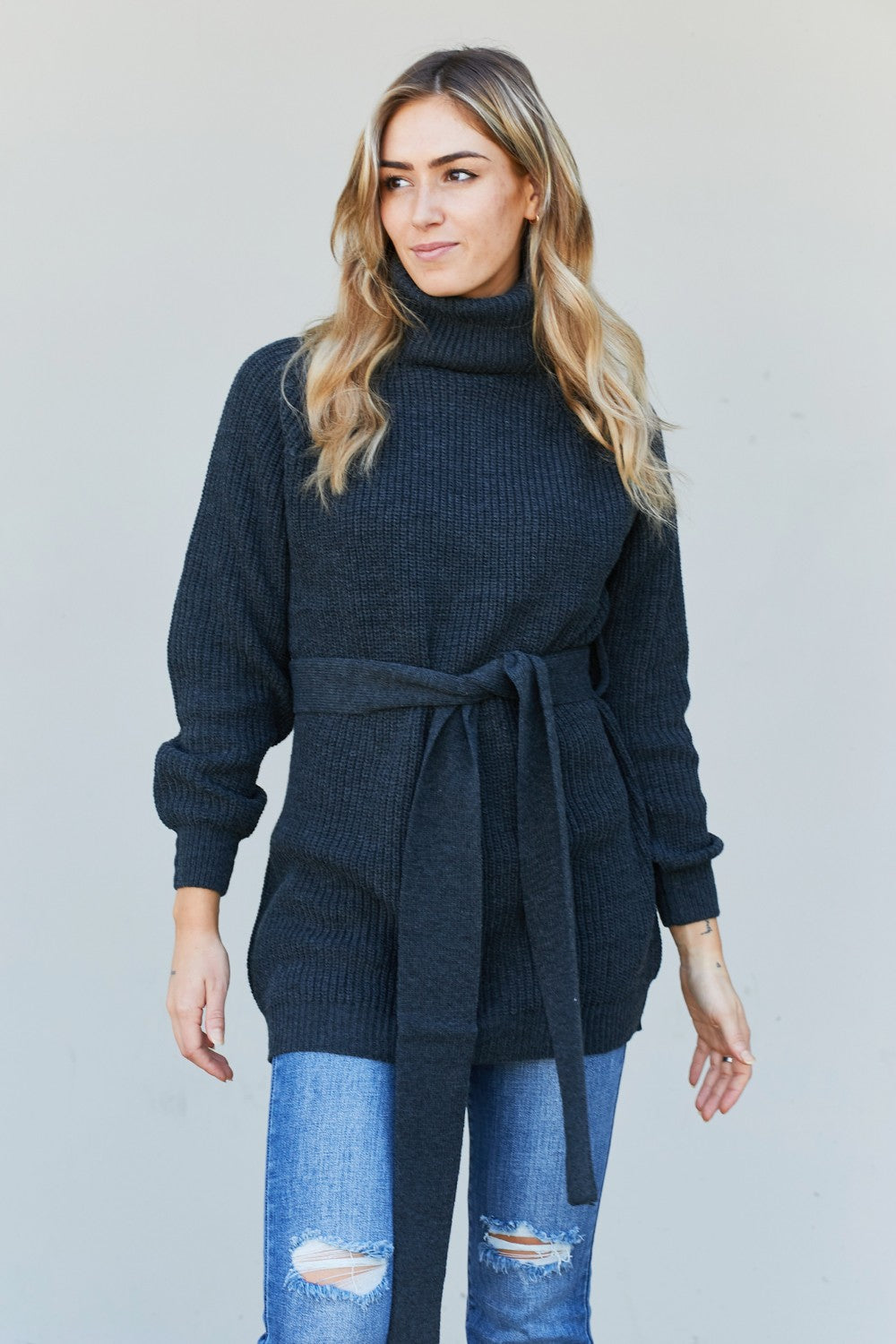 Zenana Turtleneck Raglan Sleeve Belted Tunic Sweater